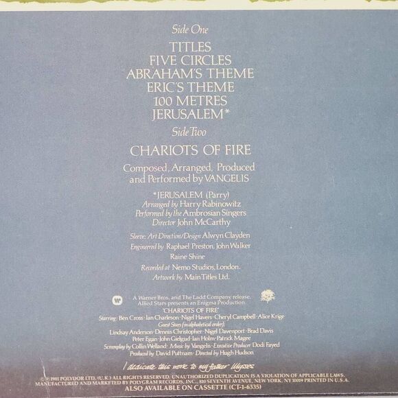 Vintage Vangelis Chariots of Fire Soundtrack LP Vinyl Record Album (1981) - Picture 5 of 5